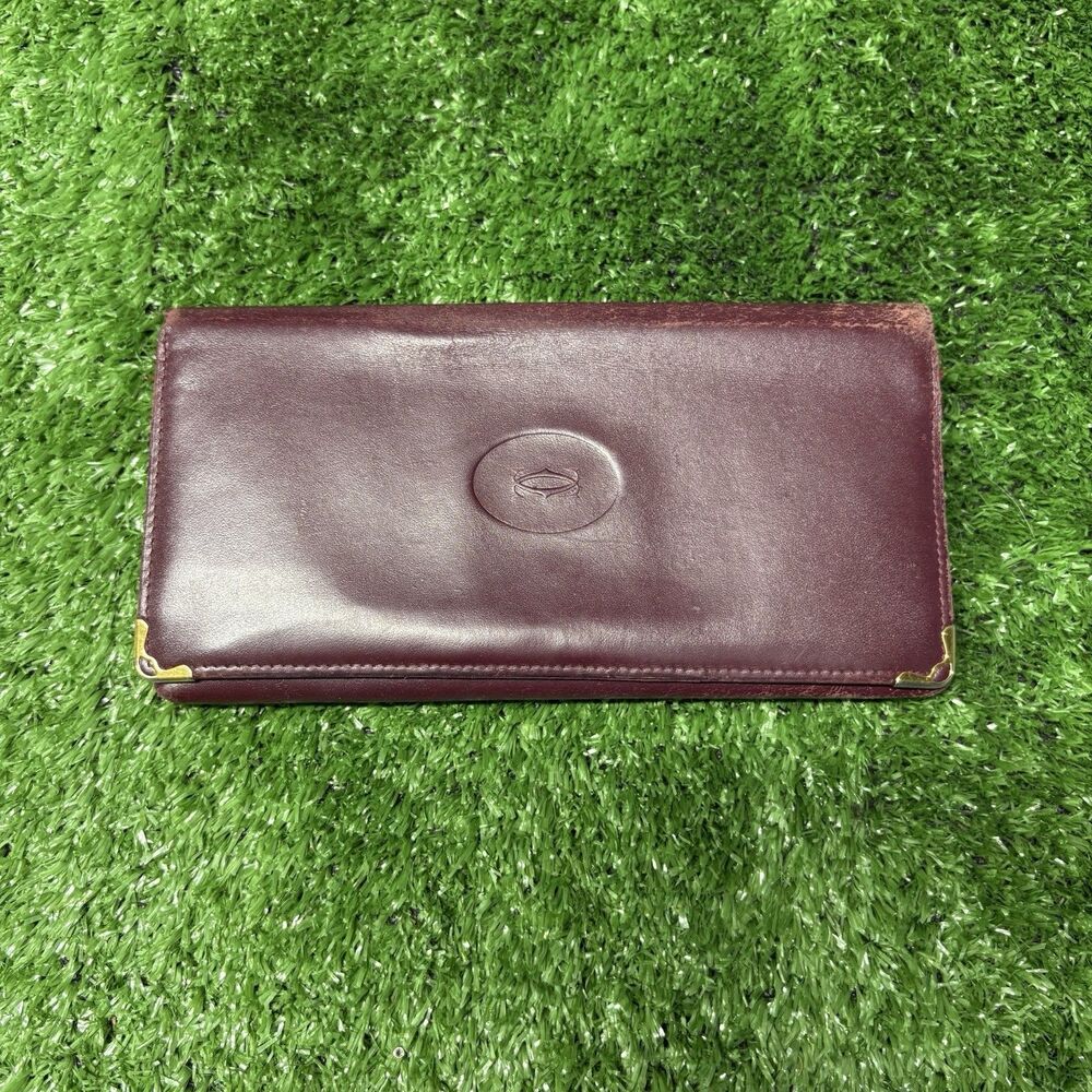 Vintage Must de Cartier Bordeaux Leather Long Wallet with Gold Corner Accents